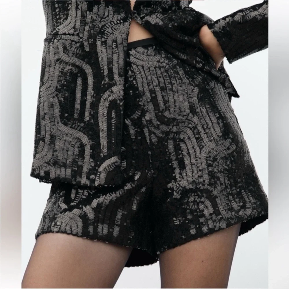 ZARA SEQUIN HIGH WAISTED SHORTS - Picture 1 of 16